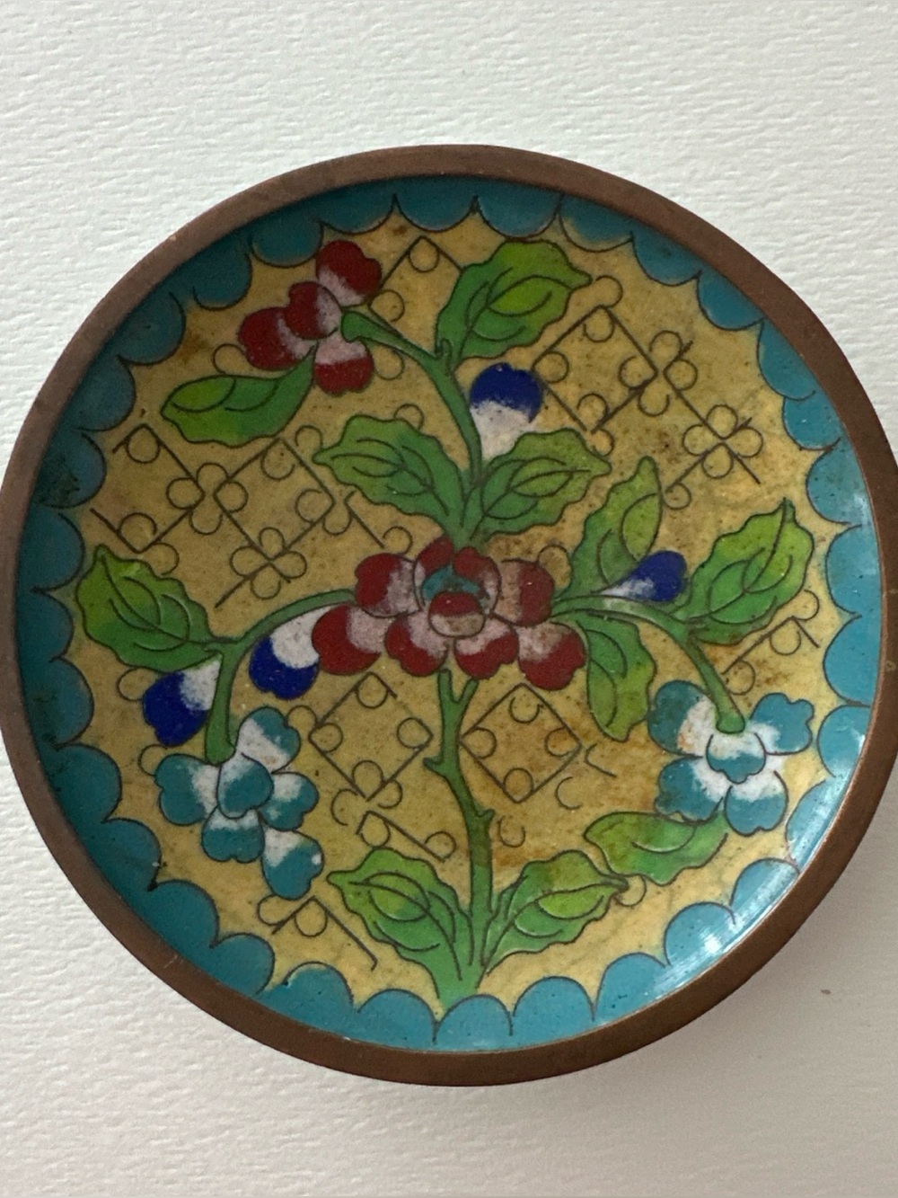 Chinese Cloisonne enamel Brass Floral Trinket Dish miniature Plate